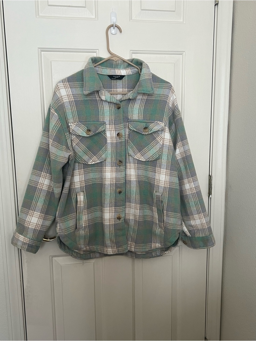 Plaid Button-Front Shacket Jacket - Green/White